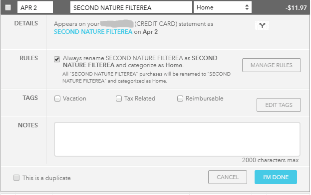 screenshot of transaction details showing rules for applying a category to the selected transaction