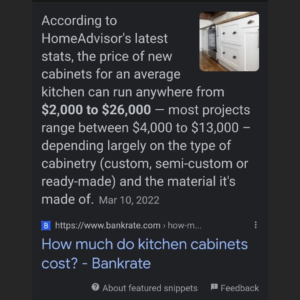 Internet search estimating the average cost of new kitchen cabinets